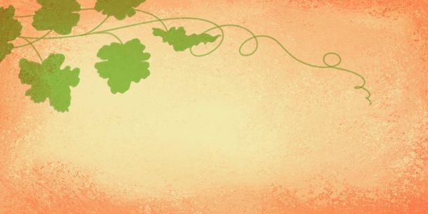 Pumpkin vine leaves and curls in green on orange autumn background with texture, fall or harvest festival party design - Foto, immagini