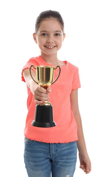 Happy girl with golden winning cup isolated on white - Foto, Imagem