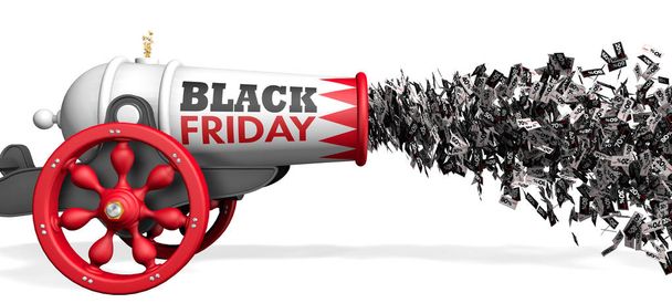Die alte weiß-rote Kanone mit den Worten "Black Friday" feuert einen Düsenjet mit Rabattpapier-Coupons von 10 bis 80 Prozent schwarz-weiß auf weißem Hintergrund ab. 3D-Illustration - Foto, Bild