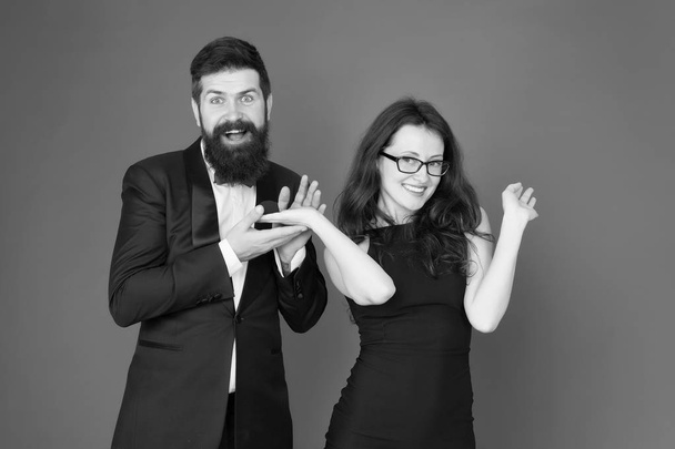 marriage proposal. woman make bearded man marriage proposal. tuxedo man and elegant lady at engagement party. love date and romance. valentines day. couple in love. happy formal couple. ring in box - 写真・画像