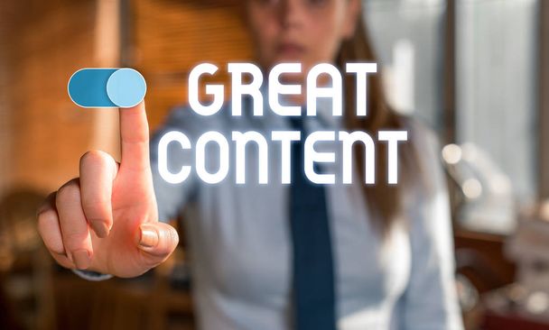 Text sign showing Great Content. Conceptual photo Satisfaction Motivational Readable Applicable Originality Blurred woman in the background pointing with finger in empty space. - Photo, Image