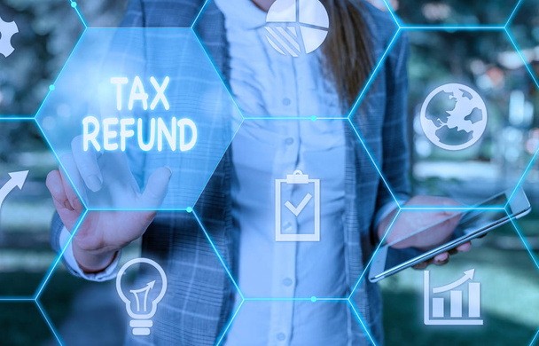 Handwriting text writing Tax Refund. Concept meaning refund on tax when the tax liability is less than the tax paid Female human wear formal work suit presenting presentation use smart device. - Photo, Image