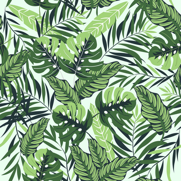 Summer palm tree and banana leaves seamless pattern. - Vector, afbeelding