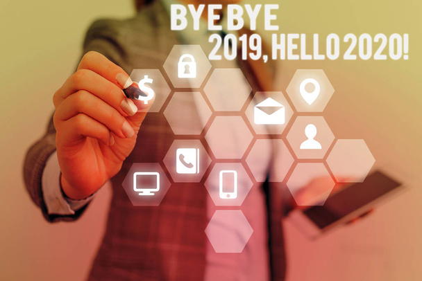 Szöveg jel mutatja bye bye 2019 Hello 2020. Konceptuális fotó búcsúzik a tavalyi év, és üdvözölve egy jó egy. - Fotó, kép