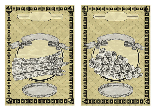 Vintage style labels for grape and asparagus. Vector illustration - Vector, Image