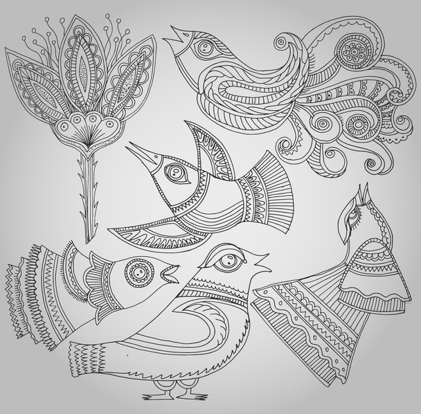 Set of fantastic birds and flowers in folk style. Vector illustration - Vetor, Imagem