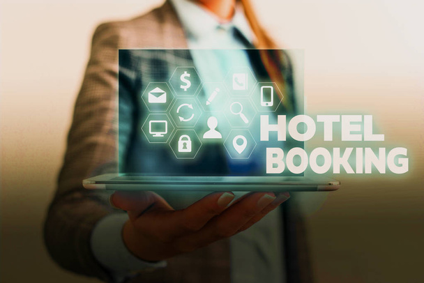 Handwriting text writing Hotel Booking. Concept meaning Online Reservations Presidential Suite De Luxe Hospitality. - Photo, Image