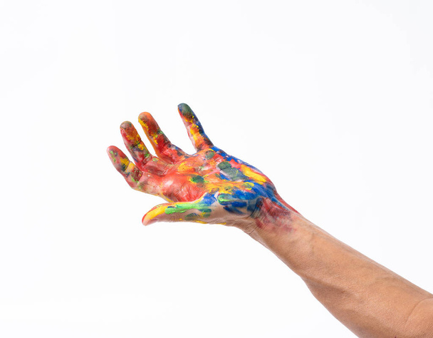 Man hand in colorful on white background - Zdjęcie, obraz