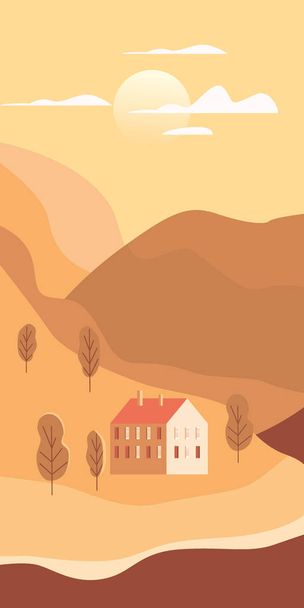 Ландшафтний сільський заміський традиційний будинок, пагорби і дерева гори море океанське сонце в модному мінімальному геометричному пласкому стилі. Вектор, ізольований вертикально. Шаблон банального плаката історій соціальних мереж
 - Вектор, зображення