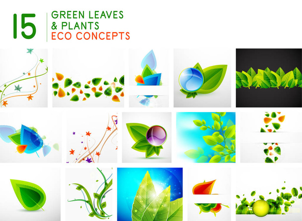 Conjunto de conceptos y fondos de naturaleza verde. Ideas del mundo verde, patrones de hojas, plantas creciendo, esferas de vidrio con hojas
 - Vector, imagen