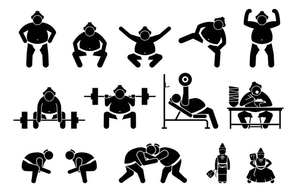 Pictograma de iconos de luchador Sumo japonés. Iconos simples cliparts representan sumo luchador de pie posición, en cuclillas, levantando la pierna, entrenamiento de gimnasio, comer, y posturas de lucha libre con árbitro Gyoji. - Vector, Imagen