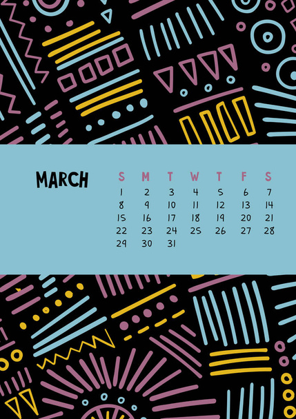 March. Vector colorful monthly calendar for 2020 year with abstract marker doodle. - Vektor, kép