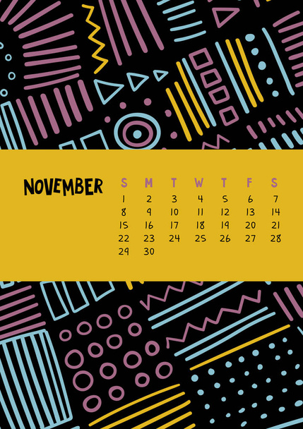 Νοεμβρίου. Διανύσματος πολύχρωμο μηνιαίο ημερολόγιο για 2020 έτος με αφηρημένο δείκτη σκίτσο. - Διάνυσμα, εικόνα