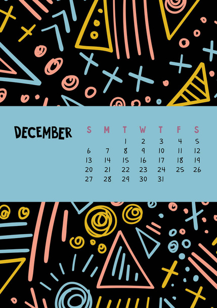 December. Vector colorful monthly calendar for 2020 year with abstract marker doodle. - Вектор, зображення