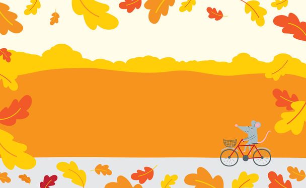 Vector illustration decorated with autumn oak leaves with cute rat without text. - Vector, Imagen