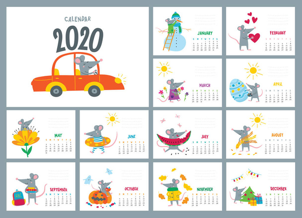 Векторный красочный месячный календарь с милой крысой - китайский символ 2020 года
 - Вектор,изображение