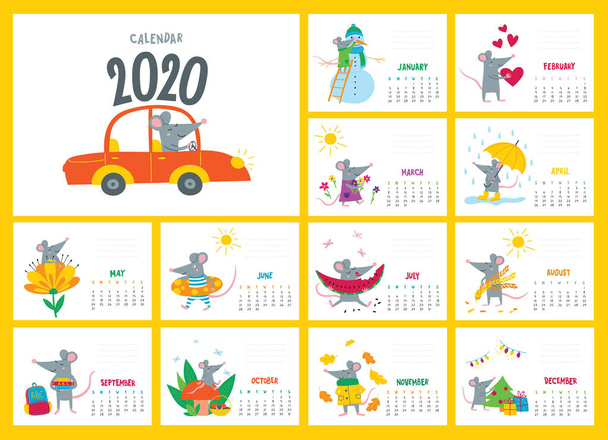 Векторный красочный месячный календарь с милой крысой - китайский символ 2020 года
 - Вектор,изображение