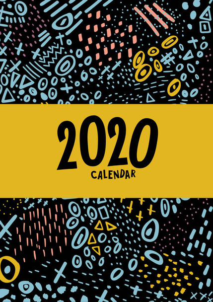 Καλύπτουν. Διανύσματος πολύχρωμο μηνιαίο ημερολόγιο για 2020 έτος με αφηρημένο δείκτη σκίτσο. - Διάνυσμα, εικόνα