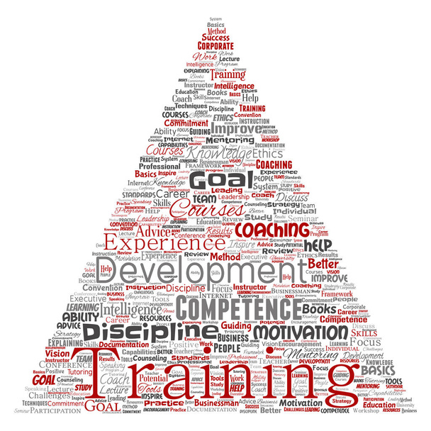 Treinamento conceitual, coaching ou aprendizagem, estudo de nuvem de palavras de seta triângulo isolado em segundo plano. Colagem de mentoring, desenvolvimento, habilidades da motivação, carreira, objetivos potenciais ou competência
 - Foto, Imagem