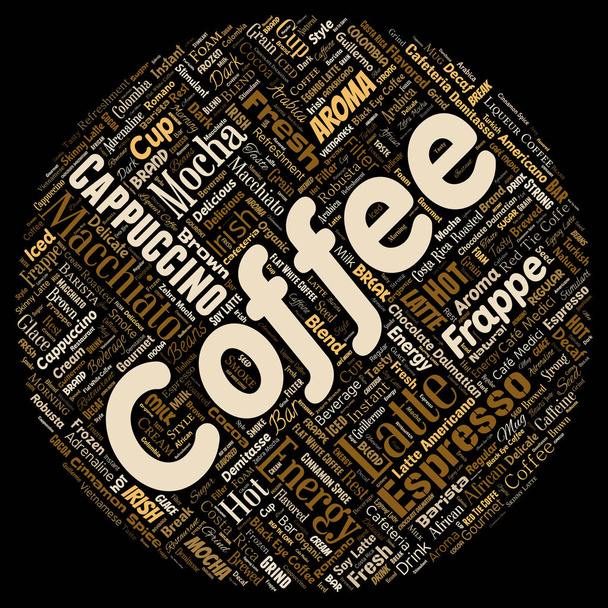 Conceptual creative hot morning italian coffee break cappuccino or espresso restaurant or cafeteria round circle red beverage word cloud isolated. A splash of energy or taste drink concept text - Photo, Image