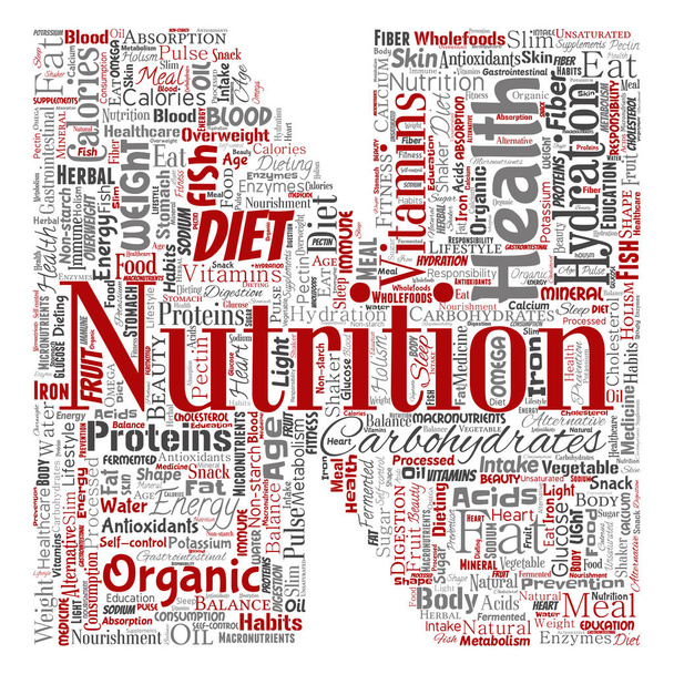 Conceptual nutrition health diet letter font N word cloud isolated background. Collage of carbohydrates, vitamins, fat, weight, energy, antioxidants beauty mineral, protein medicine concept - Photo, Image