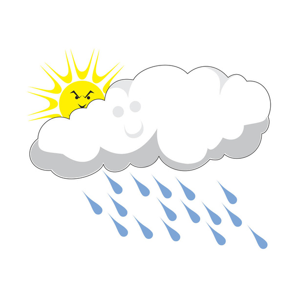 Nube lluviosa con truenos y relámpagos, caricatura cara seria divertida, sol detrás, garabato dibujado a mano, dibujo ilustración de color vectorial aislado
 - Vector, imagen