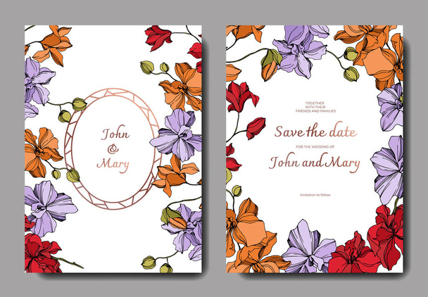 Orchid floral botanical flowers. Black and white engraved ink art. Wedding background card floral decorative border. - Vector, imagen