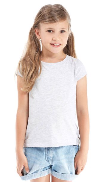 Little girl in stylish t-shirt on white background - Photo, image