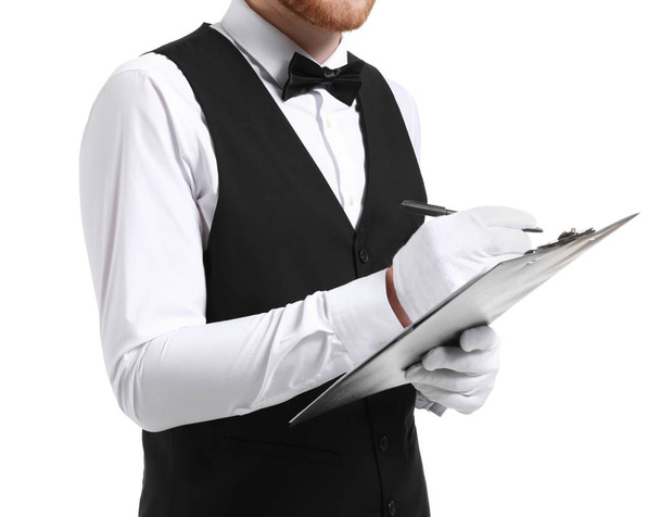 Handsome waiter with clipboard on white background - Fotografie, Obrázek