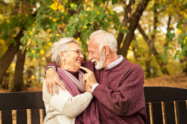 romantisches und verliebtes Senioren-Paar auf einer Parkbank - Foto, Bild
