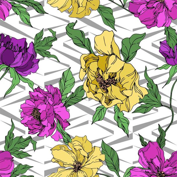 Peony floral botanical flowers. Black and white engraved ink art. Seamless background pattern. - Вектор, зображення