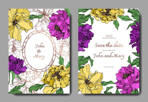 Peony floral botanical flowers. Black and white engraved ink art. Wedding background card floral decorative border. - Vecteur, image