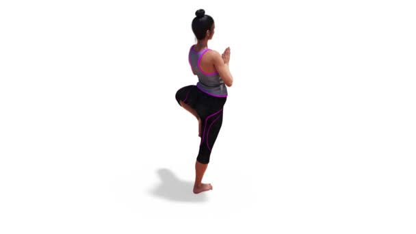 Una mujer en un árbol de yoga posa en rotación con un fondo blanco y un canal alfa
 - Imágenes, Vídeo