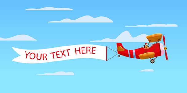 Rode retro vliegtuig vliegtuigen met reclamebanner lint in de bewolkte hemel. Vector geïsoleerde illustratie - Vector, afbeelding