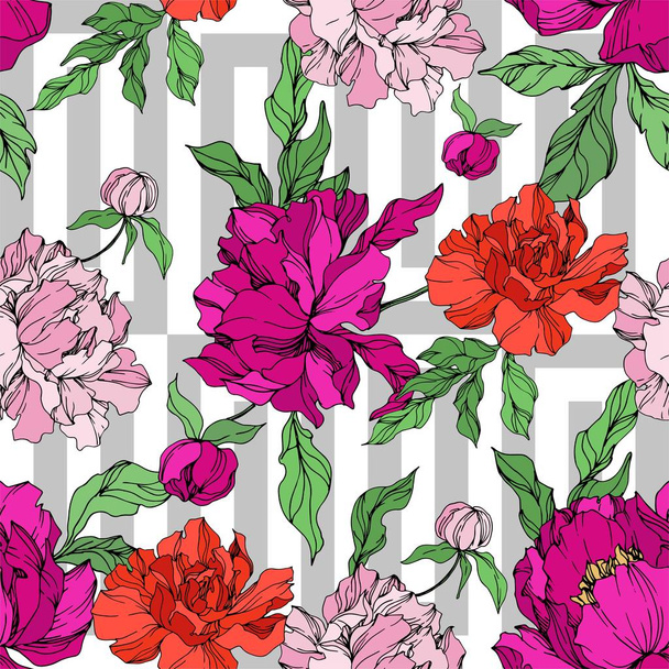 Peony floral botanical flowers. Black and white engraved ink art. Seamless background pattern. - Vecteur, image