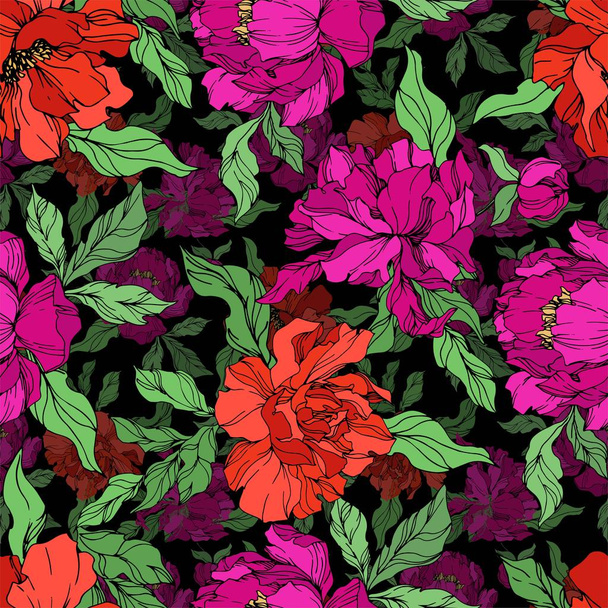Peony floral botanical flowers. Black and white engraved ink art. Seamless background pattern. - Vector, imagen