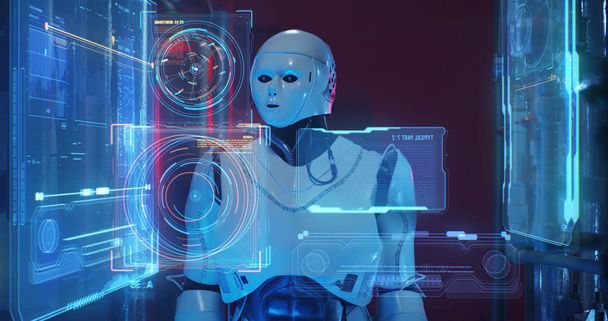 Robot examining holographic display - Valokuva, kuva