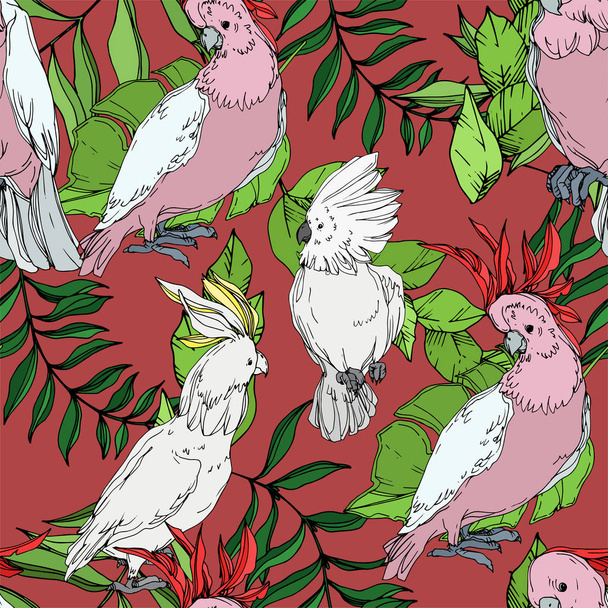 Vector Sky bird cockatoo in a wildlife. Black and white engraved ink art. Seamless background pattern. - Vektor, kép