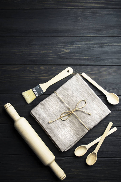 dark wooden background with cooking utensils for cooking - 写真・画像