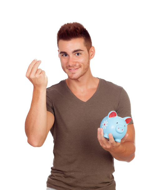 Young man with a money box - Fotó, kép