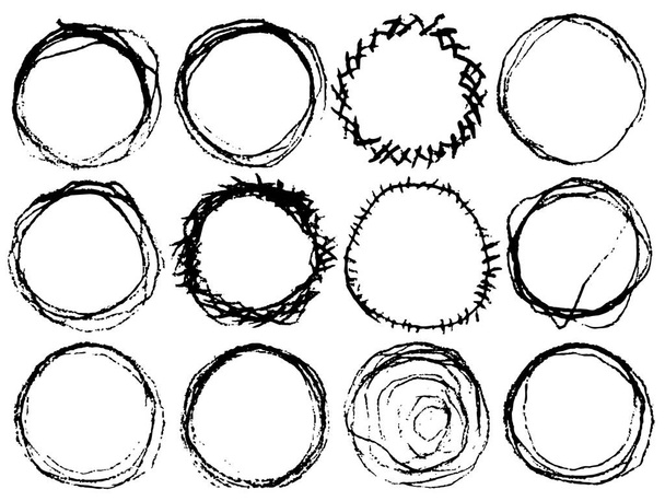 Kreslené kruhy s ručičkovou čárou Vektorové kulaté klikaté rámečky. Zhotovena tužkou nebo perem. - Vektor, obrázek