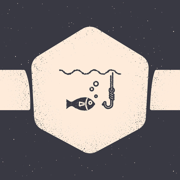 Grunge Gancho de pesca bajo el agua con icono de pescado aislado sobre fondo gris. Aparejos de pesca. Dibujo vintage monocromo. Ilustración vectorial
 - Vector, imagen