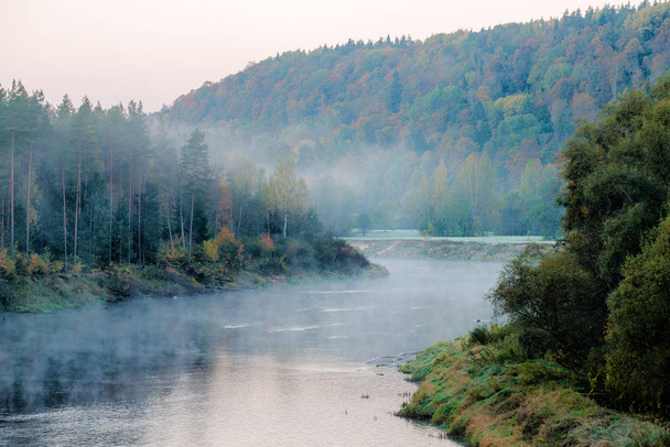 Morning fog over the Gauja river and forest. Clear sky and colorful trees. Sigulda, Latvia - Φωτογραφία, εικόνα