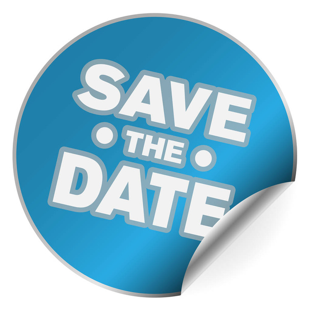 blue round SAVE THE DATE sticker with one side curled up - Vector, Image