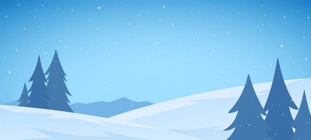 Desenhos animados Inverno nevado Montanhas paisagem plana com pinheiros e colinas. Fundo de Natal
 - Vetor, Imagem