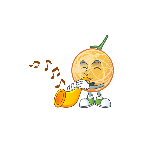 With trumpet healthy cantaloupe fruit in cartoon character - Вектор,изображение