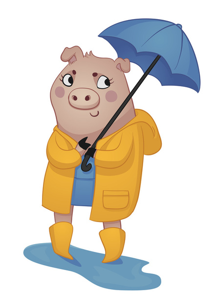 Cartoon Pig in Rain Gear - Vector, Image