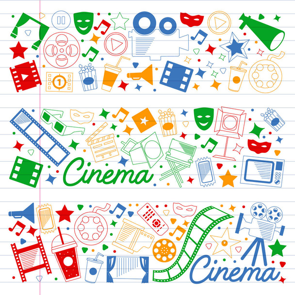Vector pattern with cinema icons. Movie Theater, TV, popcorn, video clips, musical - Vektor, kép