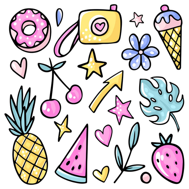 Monstera leaf, strawberry, cherry, ice cream, watermelon, lemonade, flower. - Vector, Image