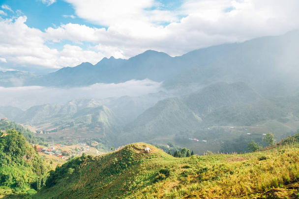 Fansipan mountain and Sapa countryside village from Fansipan tram in Vietnam - Photo, image